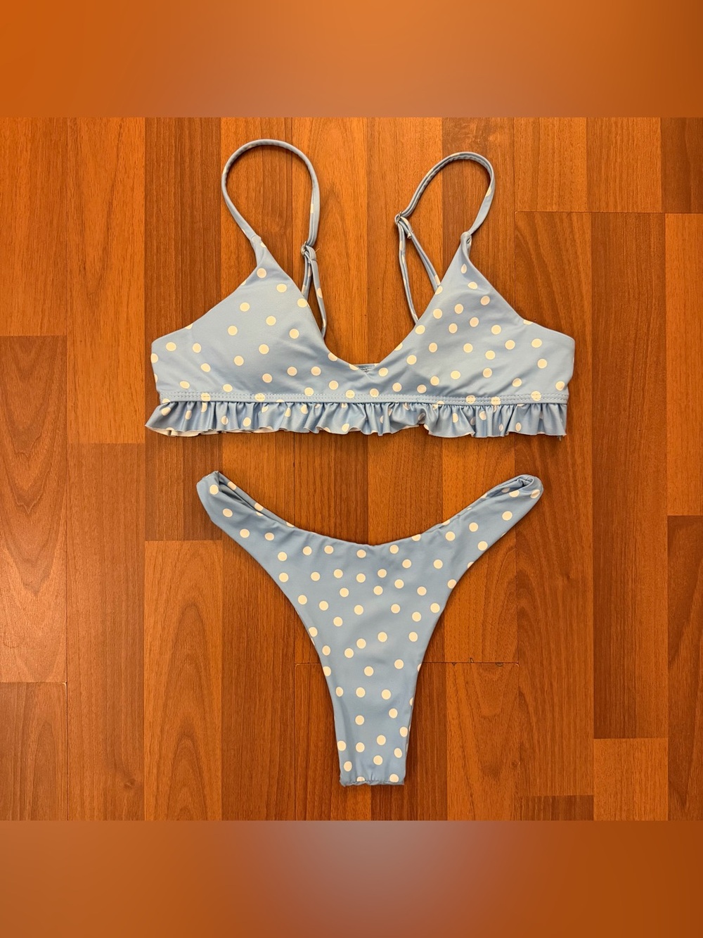 Shein Baby Blue Ruffle Trim Polka Dot Bikini Set